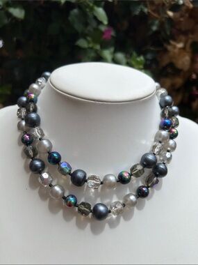 W. Germany Double-Strand Iridescent Gray Pearl Glass Choker Necklace 15-17 1/2”